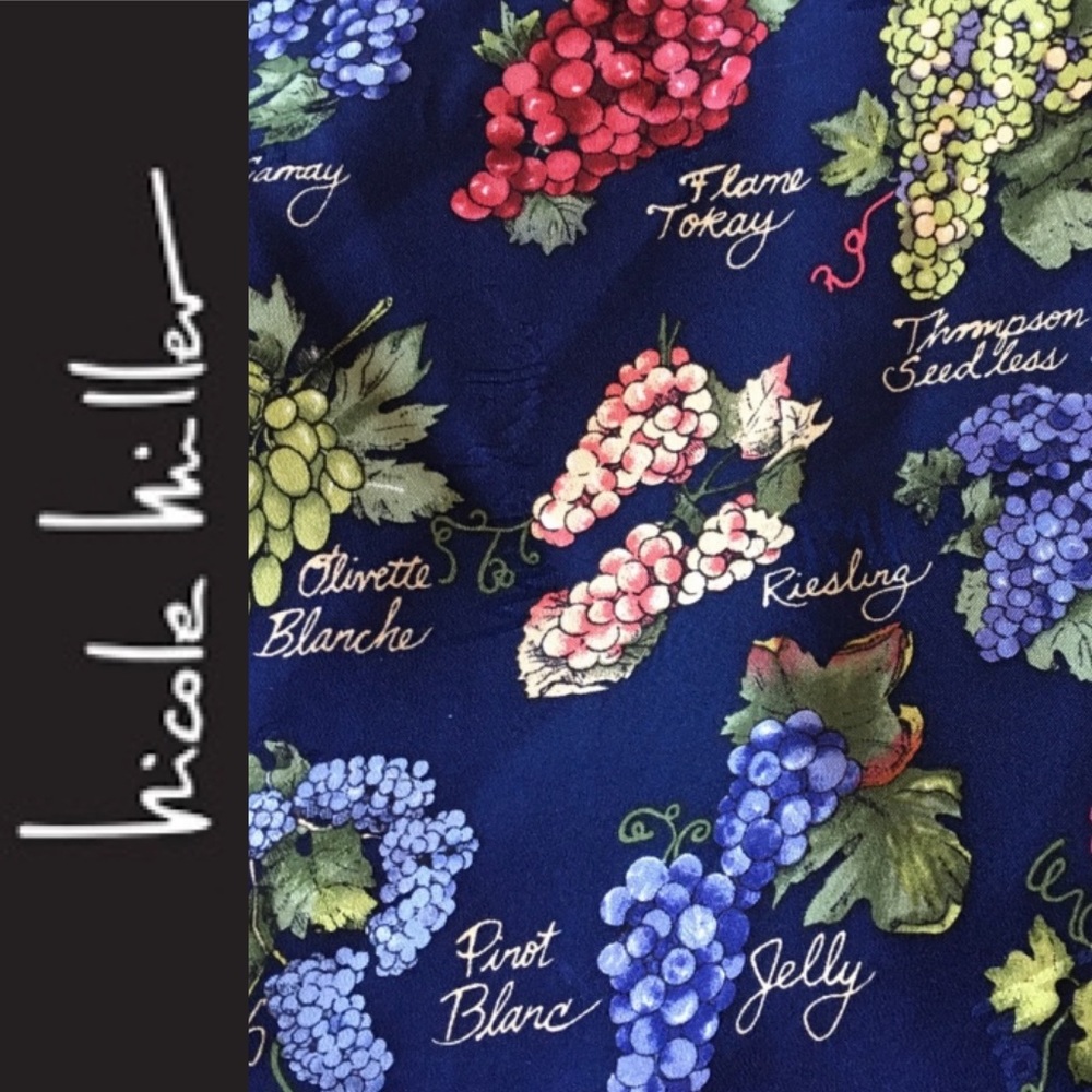 Vintage 1995 Nicole Miller Large Silk Scarf Grapes & Their Uses Wine Jelly Table